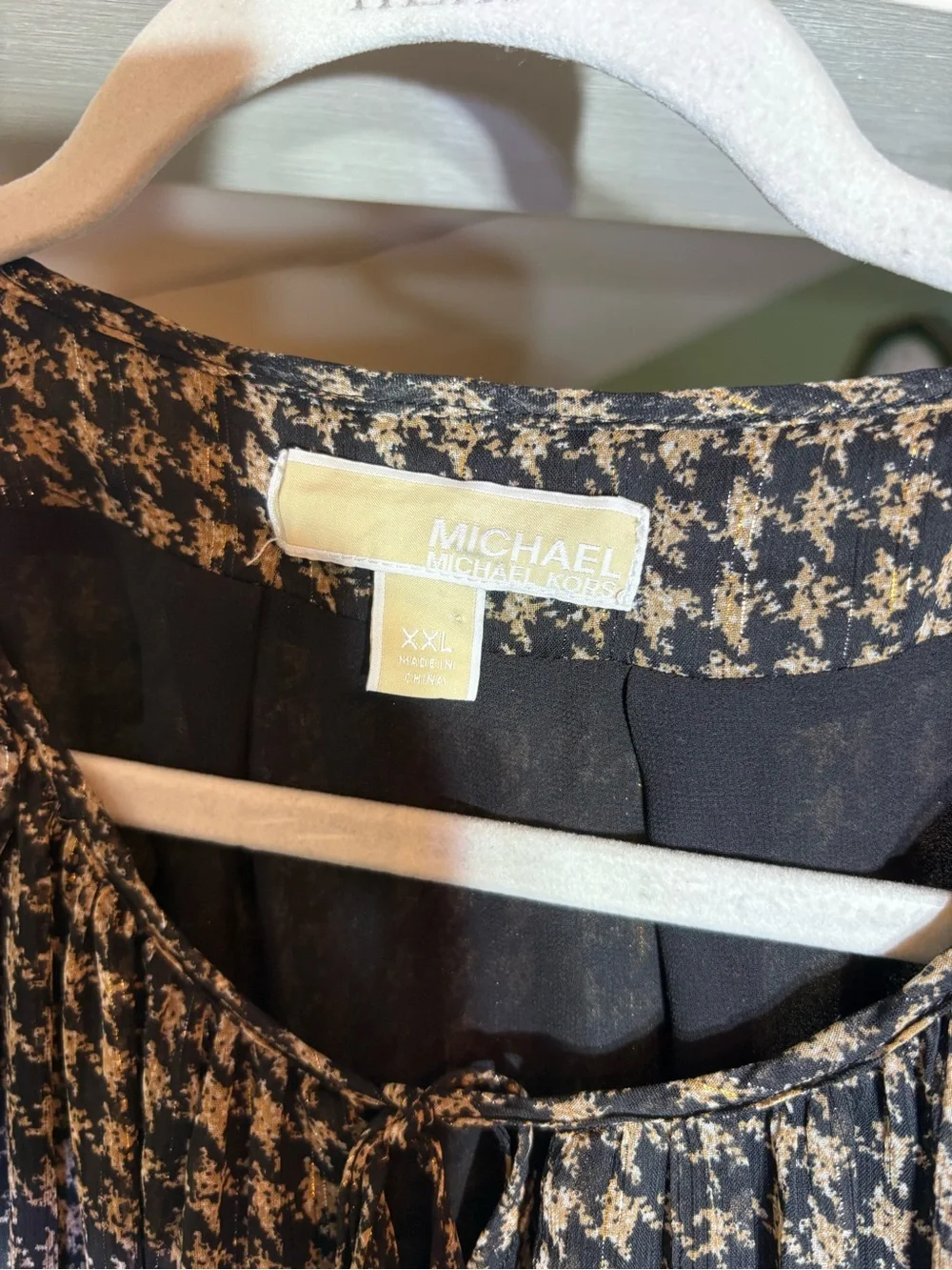 Michael Kors Black Gold Metallic Houndstooth Pleated Chiffon Dress XXL